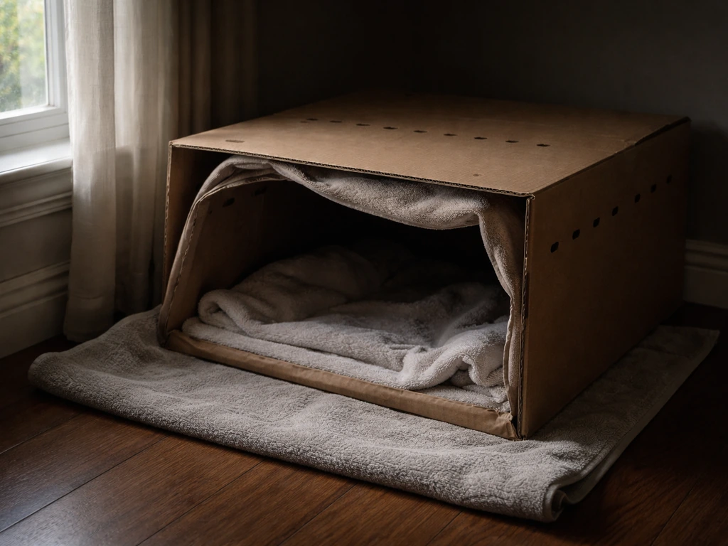 A ventilated cardboard box lined with soft bedding set up in a quiet, warm indoor area for a wild bird