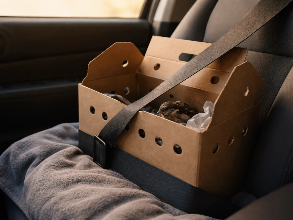 A ventilated cardboard bird carrier secured on a car floor with warm, dim lighting and no distractions.
