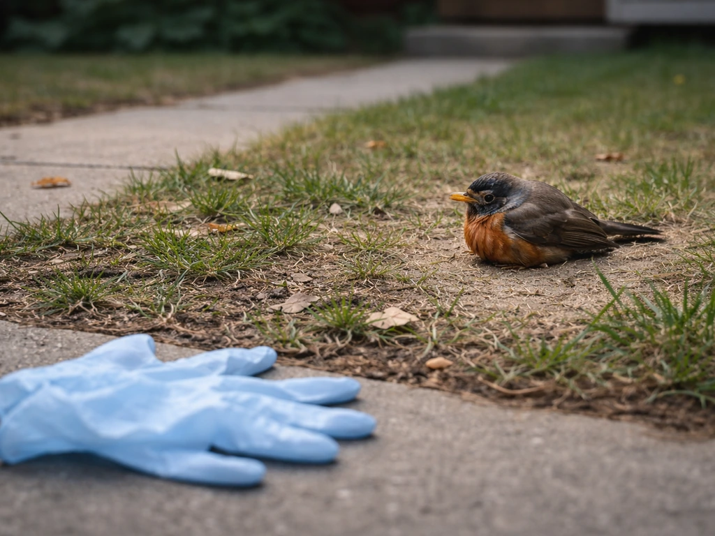 Strange bird on a residential yard ground from a safe distance, with nearby gloves suggesting no handling.