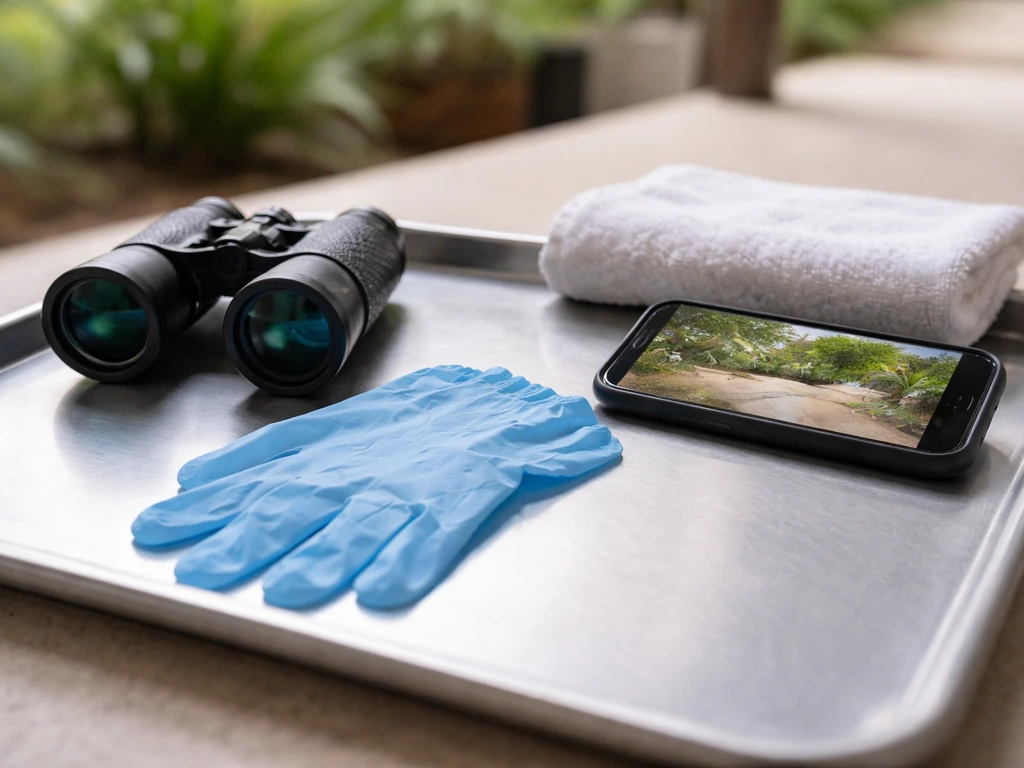 Veterinarian-style observation setup with binoculars and gloves on a clean tray for safe bird assessment.