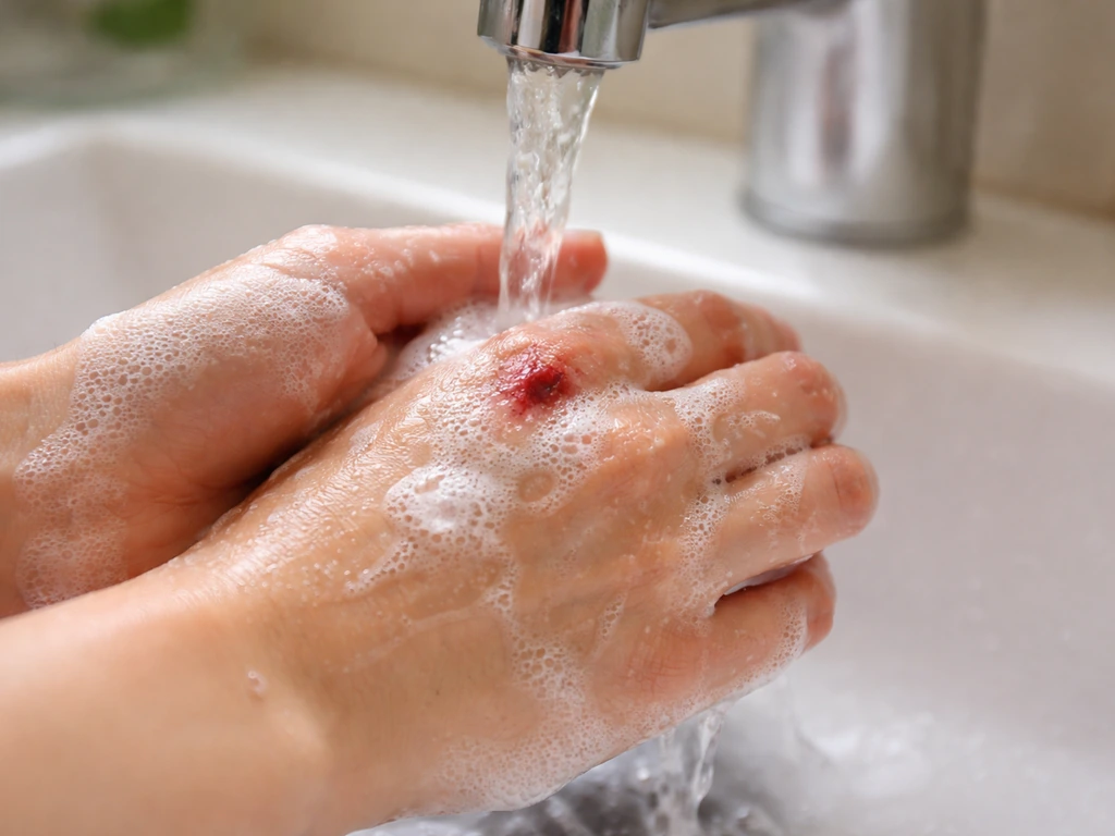 Hands washing a small wound under running soapy water