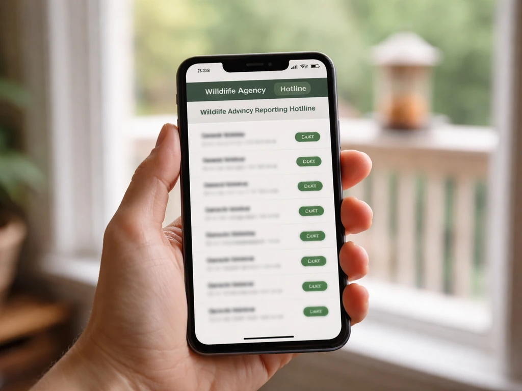 Hand holding a smartphone with a generic wildlife reporting hotline page and rehabilitator contacts visible