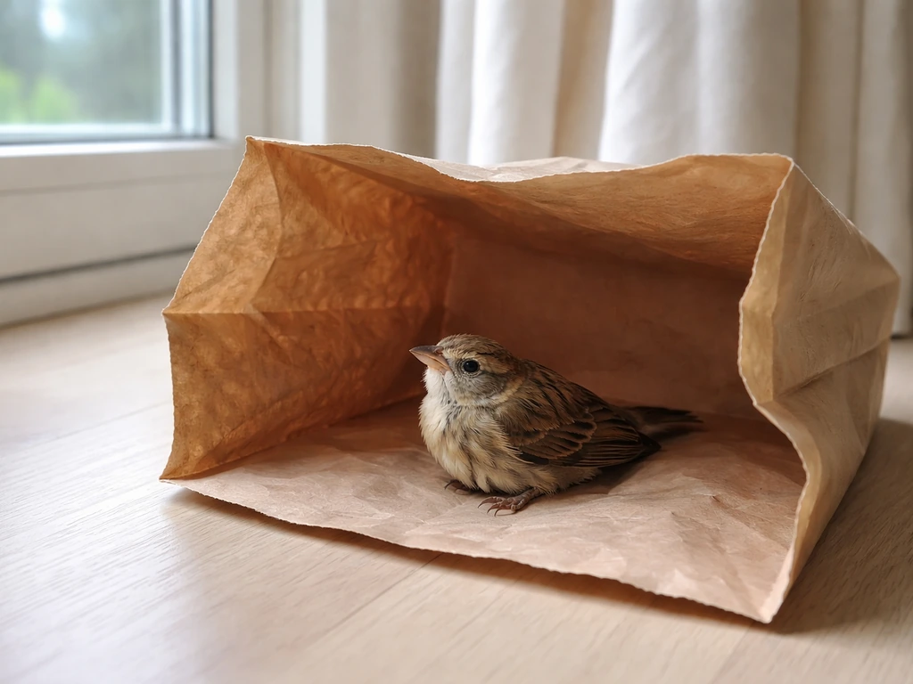Dazed small songbird resting in a paper bag near a window with soft curtains and glare reflections