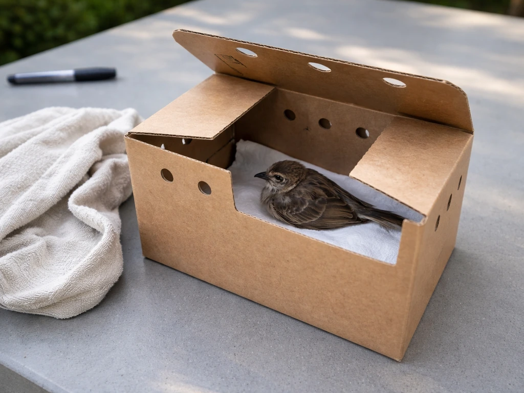 Uninjured-looking wild bird contained in a ventilated covered carrier, no splinting or wrapping visible.
