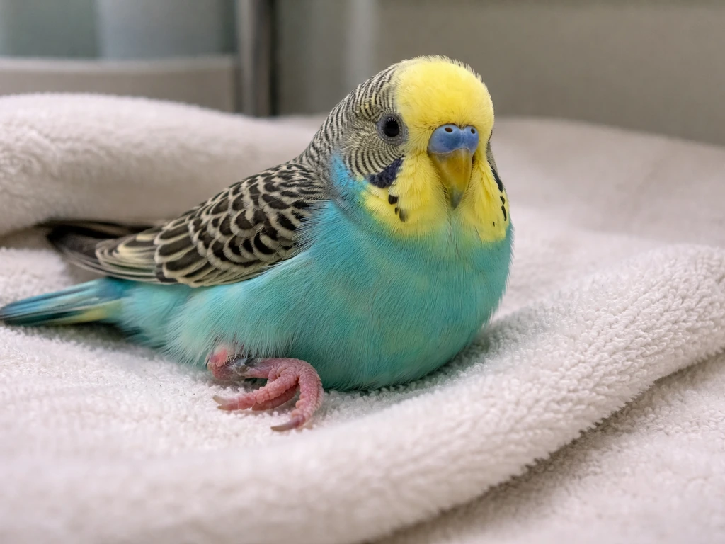 Budgie resting on a padded floor with a visibly abnormal bent leg in a simple vet-style setup