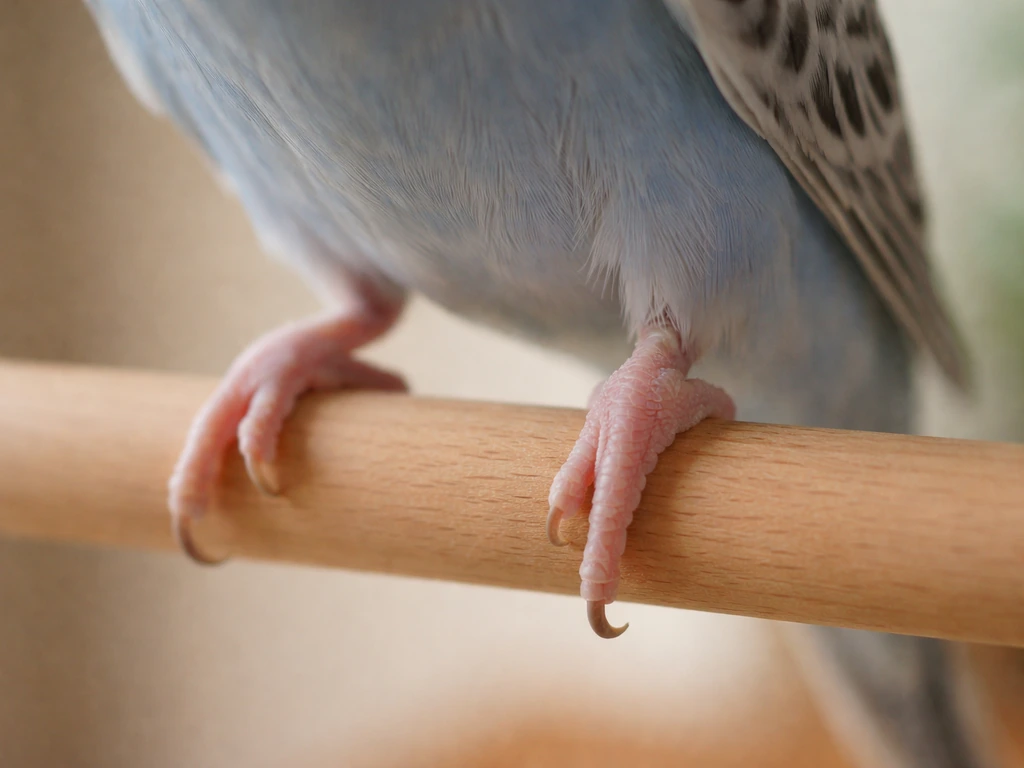 Close-up of a budgie foot and lower leg with mild swelling and one leg held intermittently, the other normal.