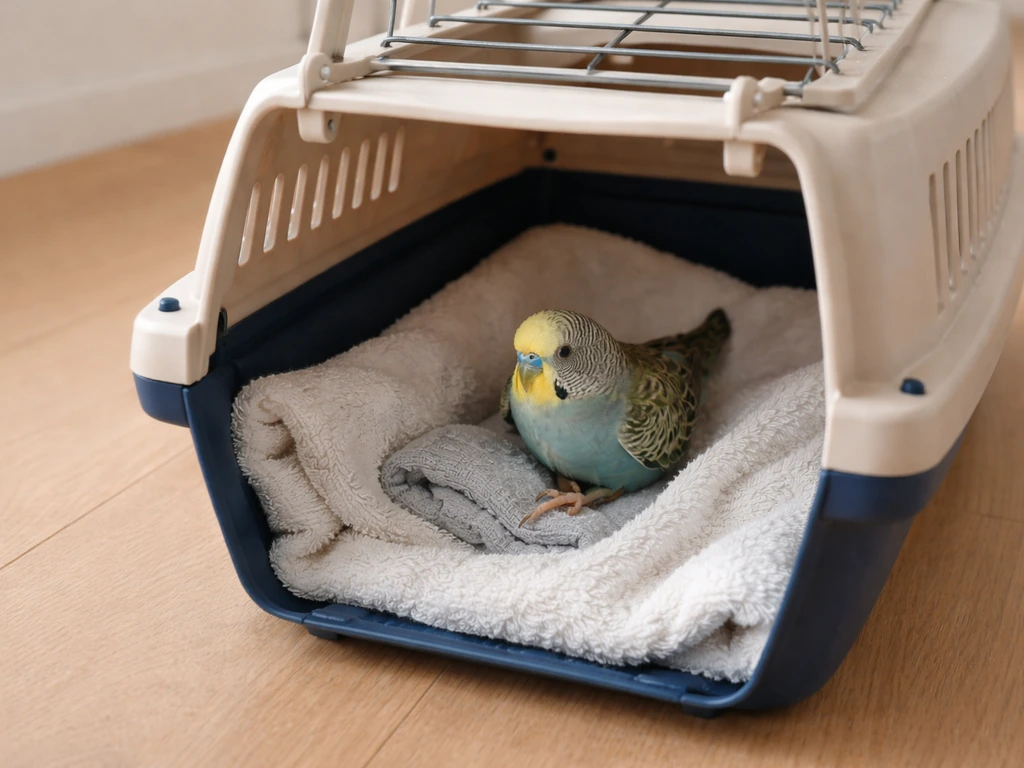 Towel-lined pet carrier ready for budgie first aid, with one leg gently supported for transport.
