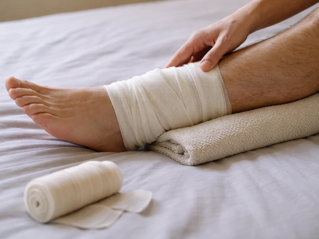 Close-up of an injured lower leg being loosely supported with cloth, showing safe circulation-friendly handling.
