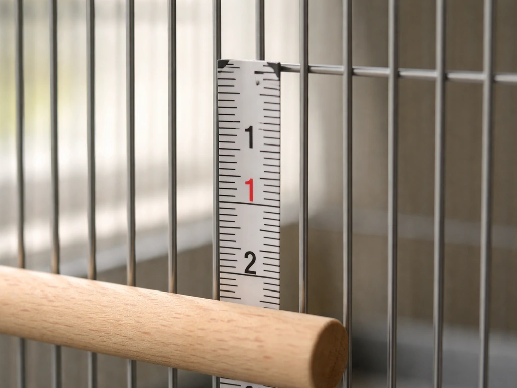 Close-up of a small bird cage bar gap measured against a safety limit, with a simple perch nearby.