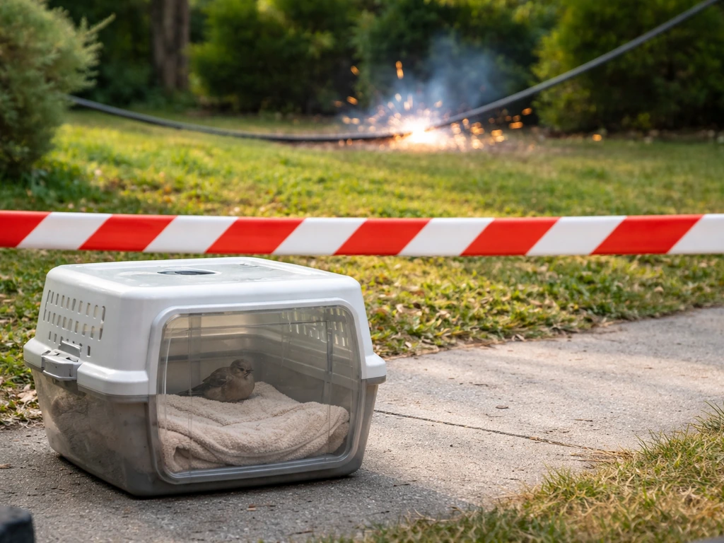 Backed-off outdoor scene near a downed sparking wire, with a warm container ready for an injured bird