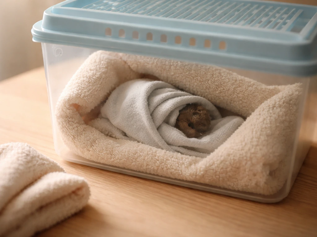 Small ventilated bird rescue box lined with a towel, bird loosely wrapped for warmth and minimal handling.
