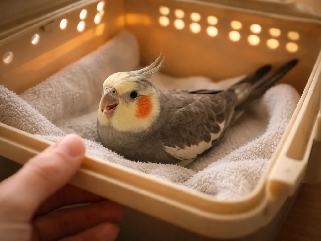 A handler monitors a small bird in a warm carrier as it breathes with a slightly open beak and subtle tail movement.