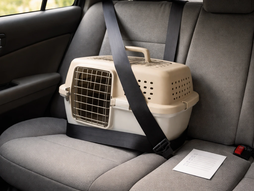 Ventilated pet carrier secured in a warm car seat, with a small checklist card ready for a vet.