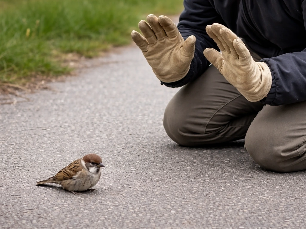Bird handler in protective stance keeping distance from an alert bird on the ground