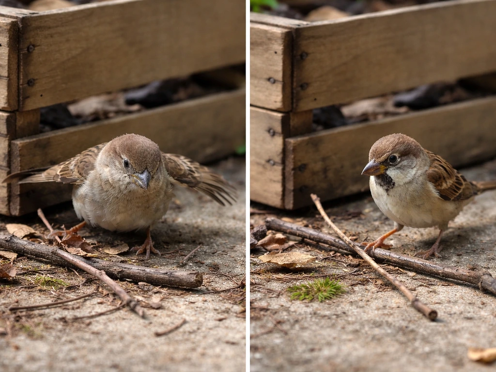 Two small birds in a cluttered yard—one bumps into obstacles while the other navigates around them.