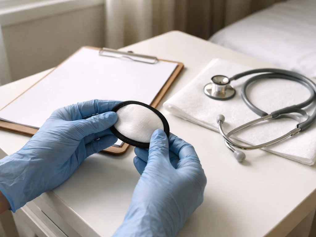 Gloved hands hold a blank eye patch and stethoscope on a bedside table in natural light.