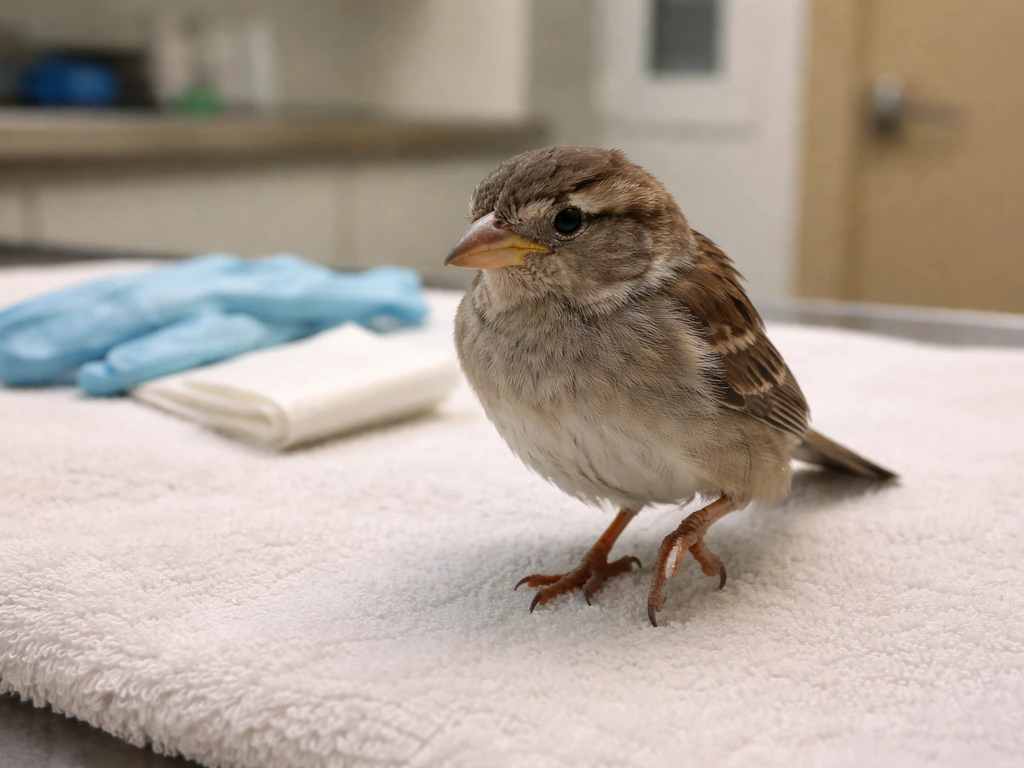 Close-up of a small injured bird perched, one foot held awkwardly, with vet-style care items nearby