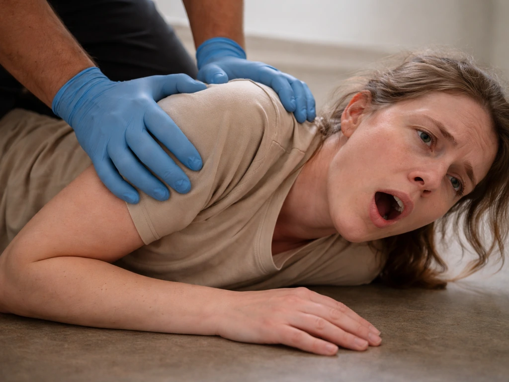 Open-mouth breathing and distress posture while a responder steadies them for urgent help.