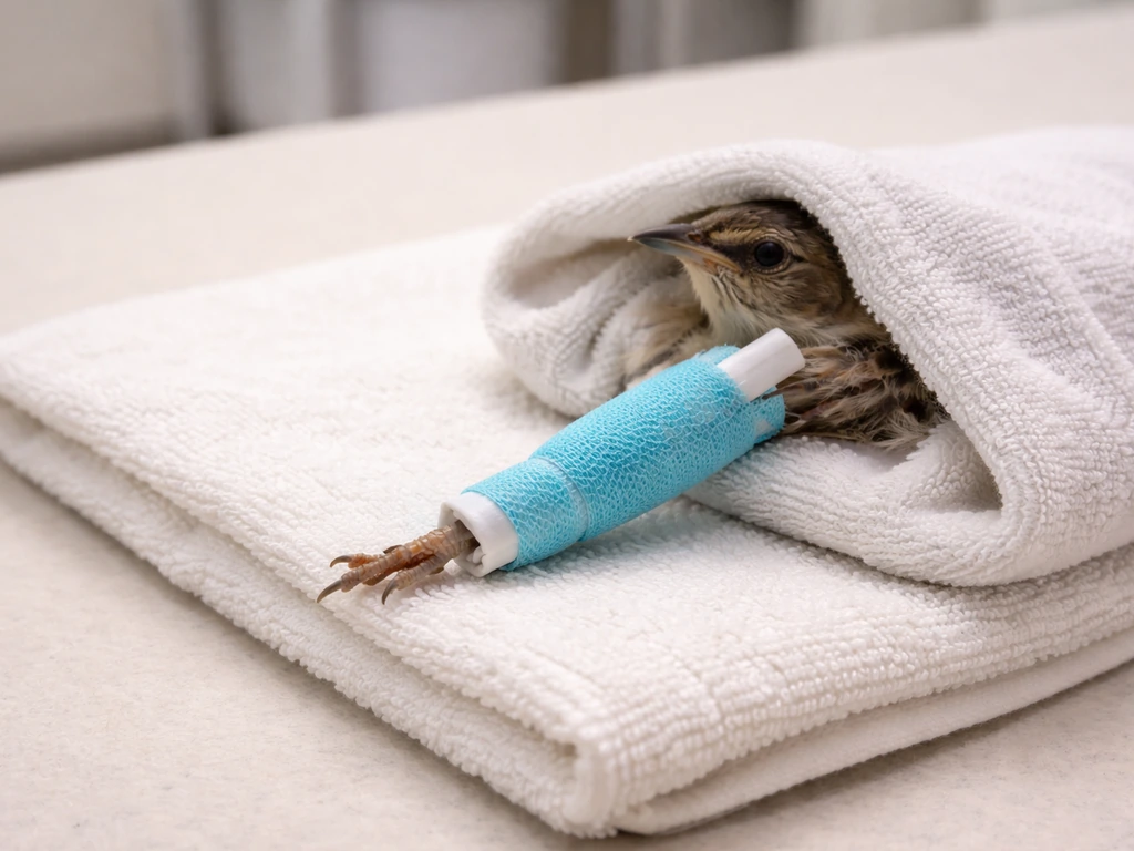 Close-up of a bird’s injured leg resting on padding with a side splint and gentle wrap.