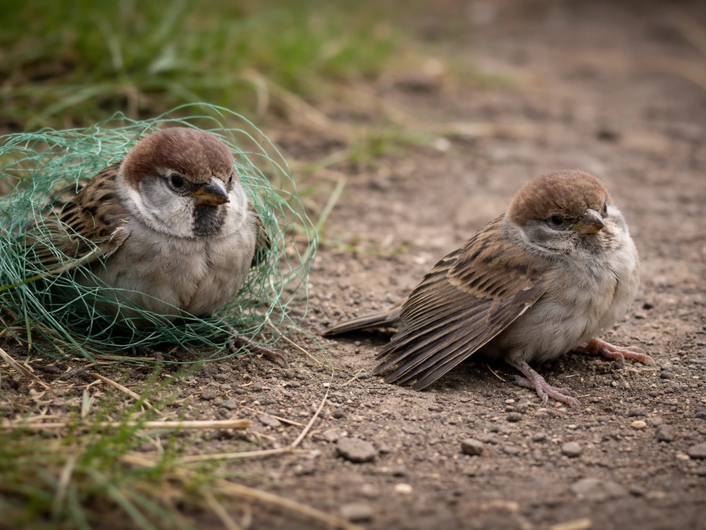 One small wild bird tangled in netting and another on the ground with a drooping wing.