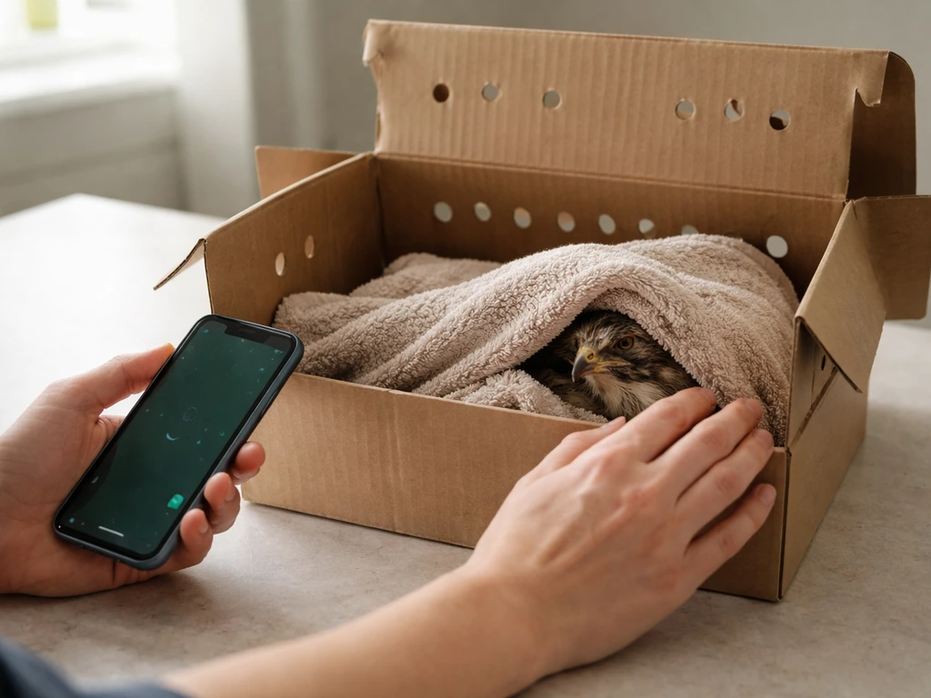 Hands holding a phone while gently holding a towel-covered wild bird in a carrier for triage