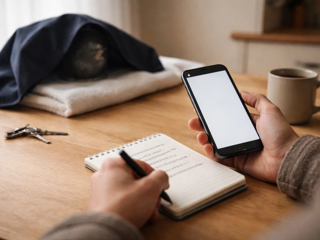 Hands taking notes on a phone call with a covered bird blurred in the background, safe and minimal scene.