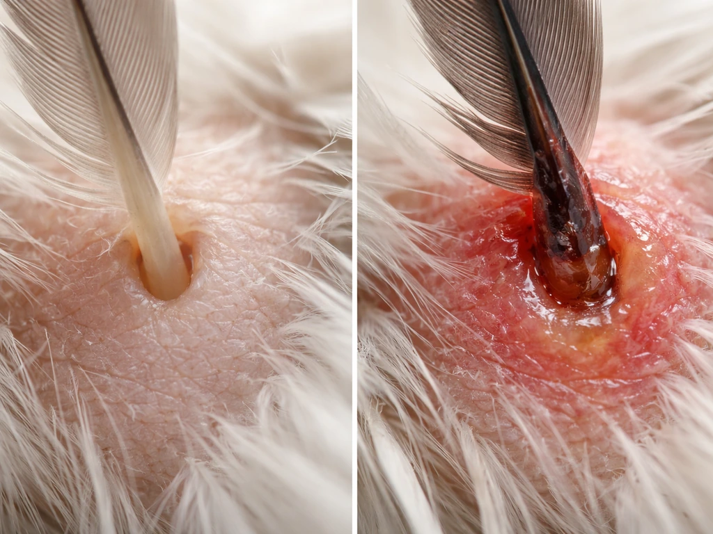 Close-up comparison of smooth healthy skin and an irritated, broken bare patch with a feather follicle