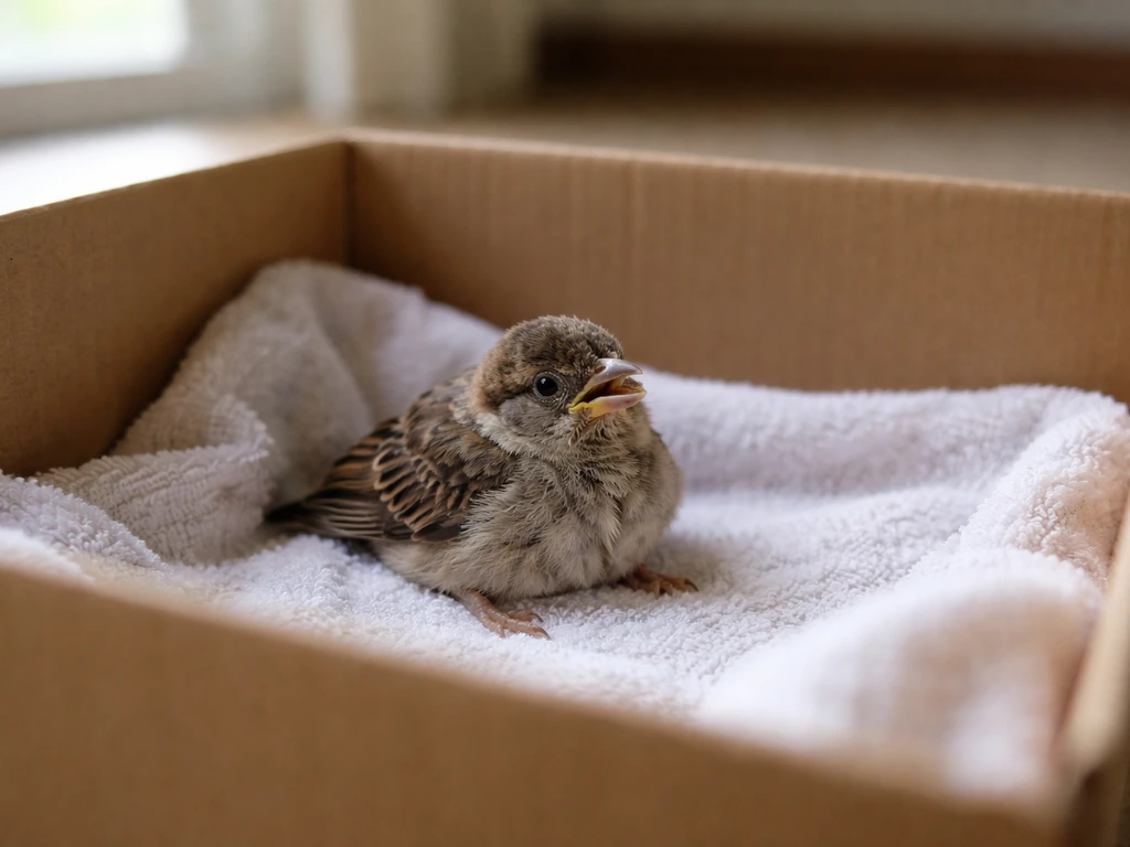 Close-up of a found bird with open-mouth breathing, looking lethargic in a quiet towel-lined box.