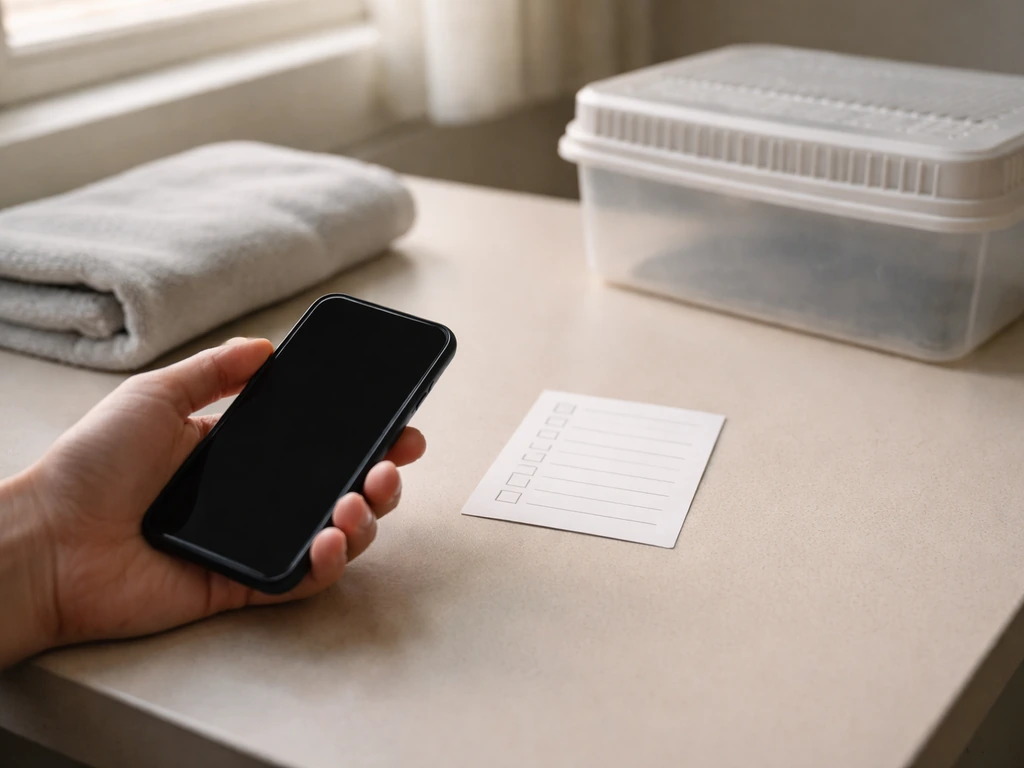 Close-up of a phone beside a small bird triage checklist card in a quiet clinic-like room.