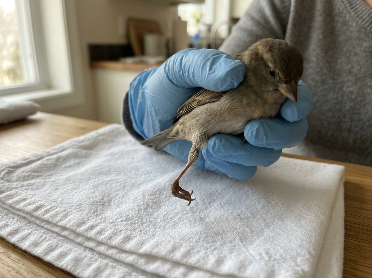 Bird’s leg shown at an unnatural angle indicating likely fracture