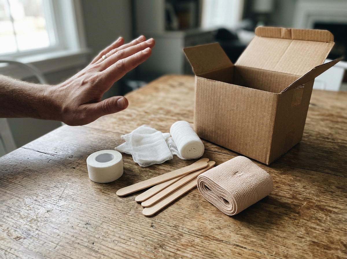 Close-up of splint supplies laid out but unused for safety