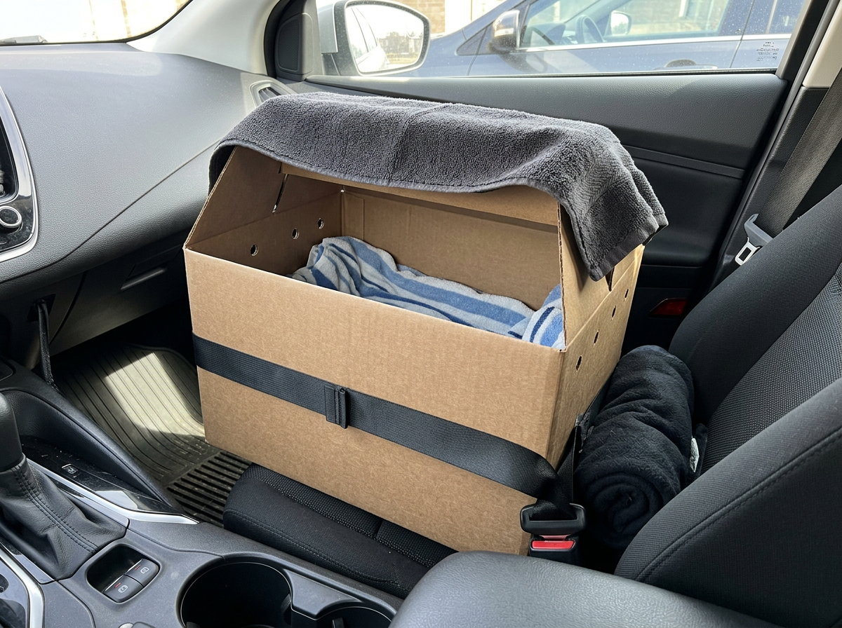 Bird transport box secured flat in car passenger footwell