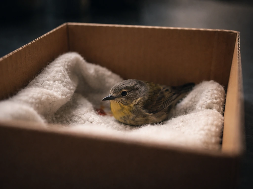 Small injured bird stabilized in a lined transport box in a dark, urgent emergency-care scene.