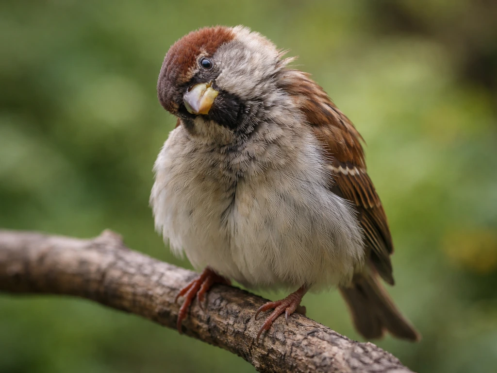 Small bird perched outdoors with a pronounced head tilt and hunched odd neck posture.
