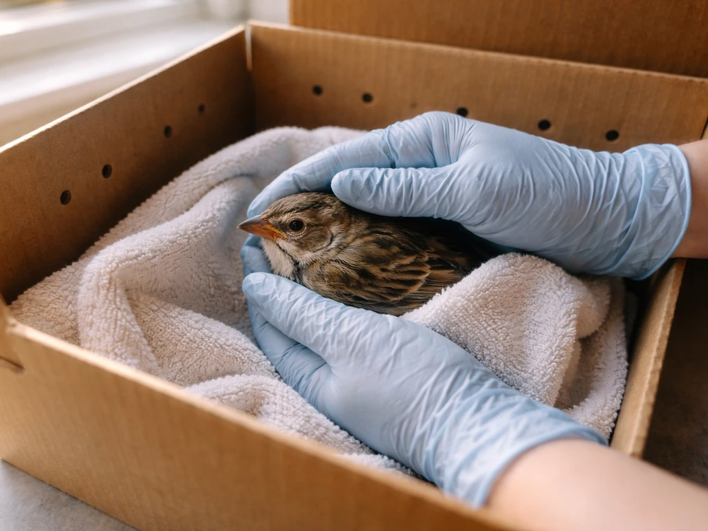 Gloved hands gently support an injured small bird in a ventilated box lined with a towel.
