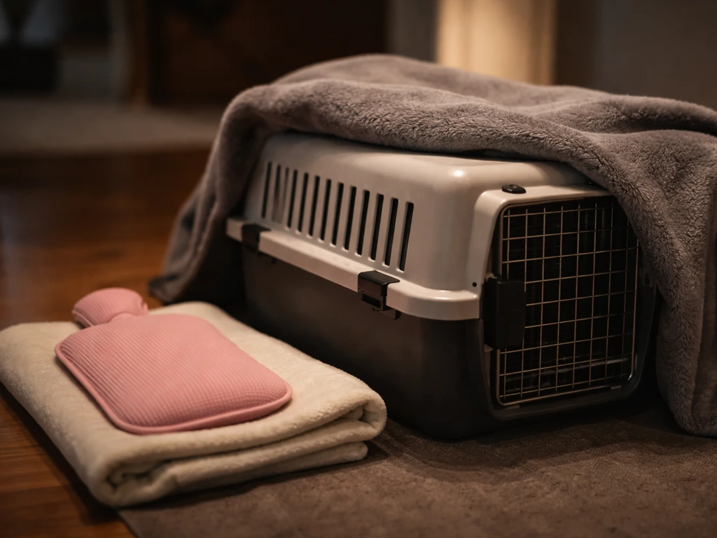 Warm hot water bottle beside a covered animal transport box in a quiet, dim room
