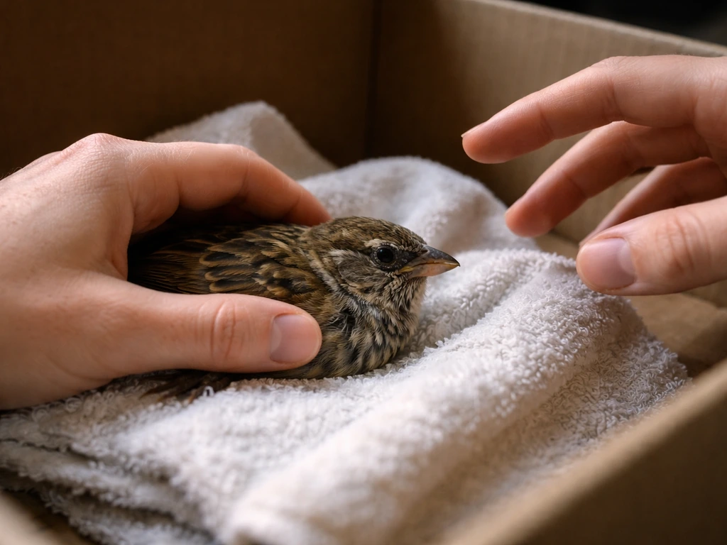 Injured bird in a box: one hand stabilizes, while another hand reaches toward the neck.
