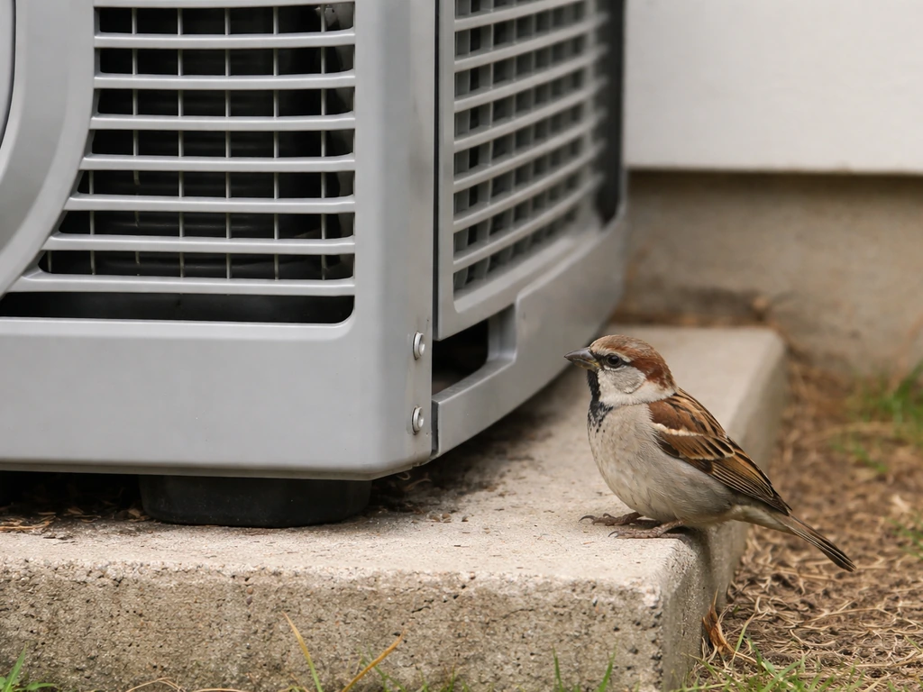 Small bird perched near an outdoor AC condenser unit with open venting, suggesting possible entry points.