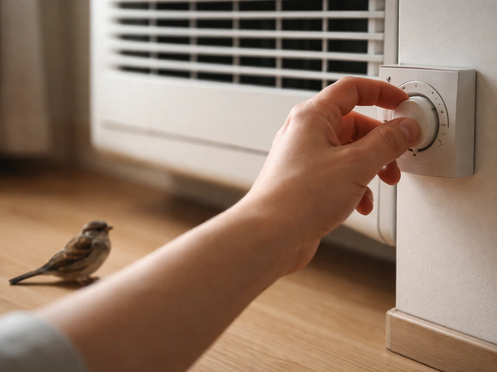 Hand turns off the AC thermostat while a small bird sits nearby on the floor.