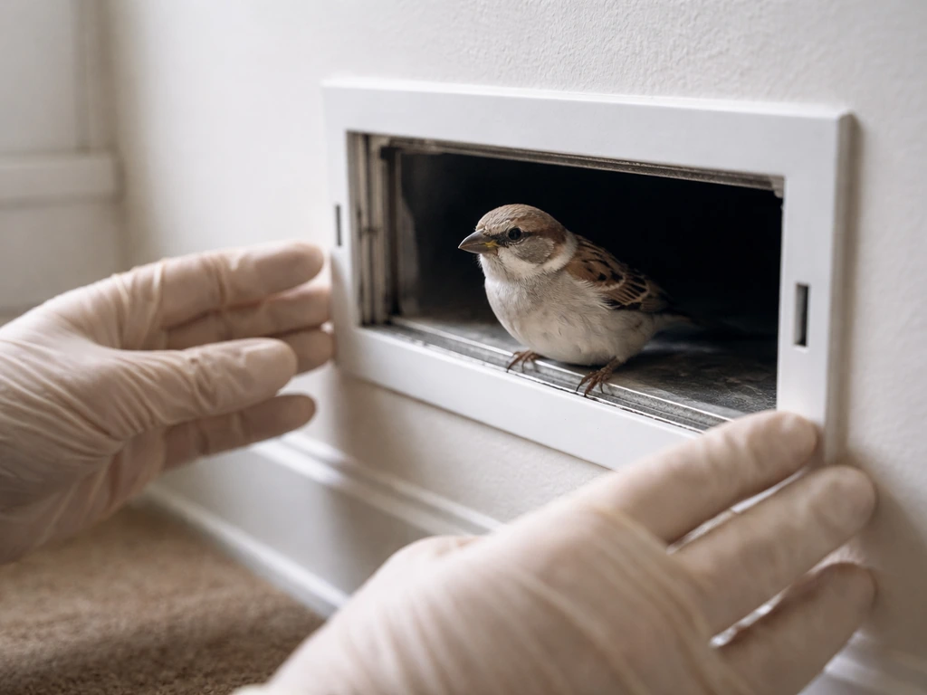 A small bird perched near an open vent grille inside a quiet room, with gloved hands nearby.