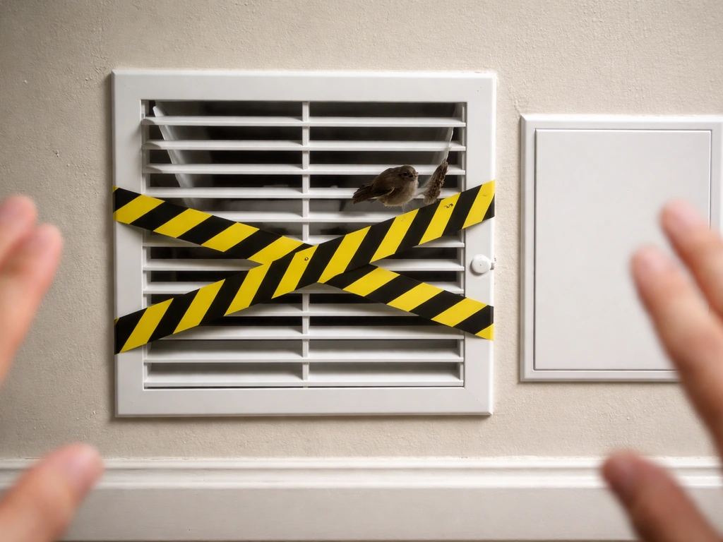 A small bird trapped behind an HVAC vent while caution tape blocks access to the duct panels.