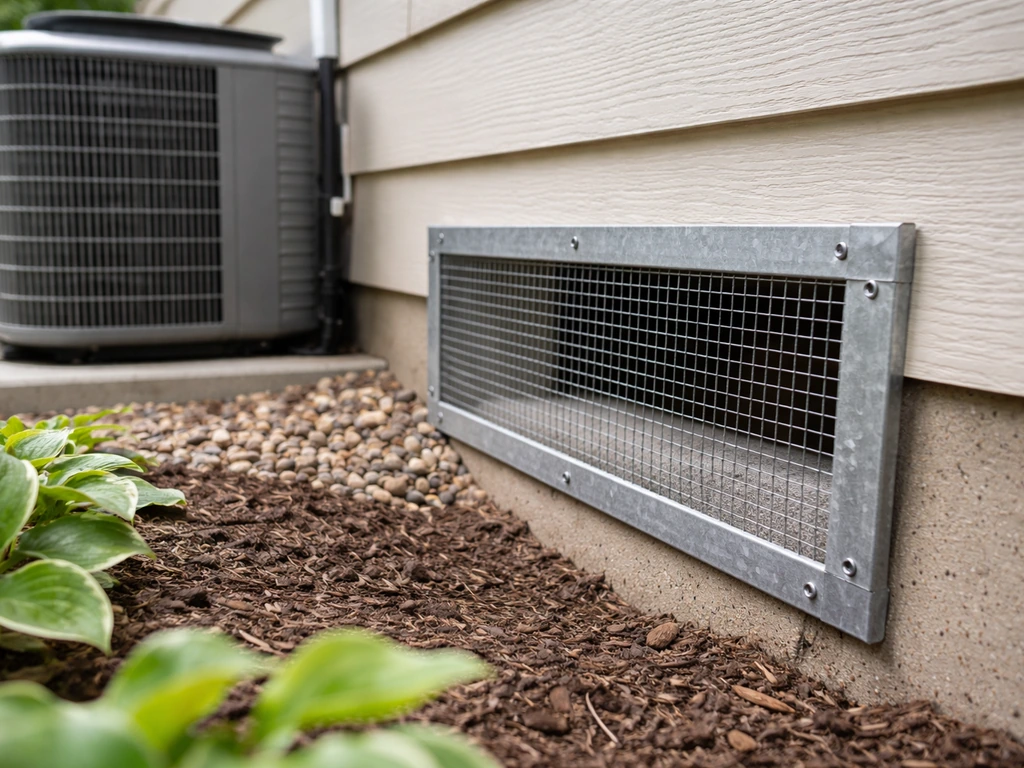 Exterior AC unit with a secured metal mesh vent cover over the intake to deter birds
