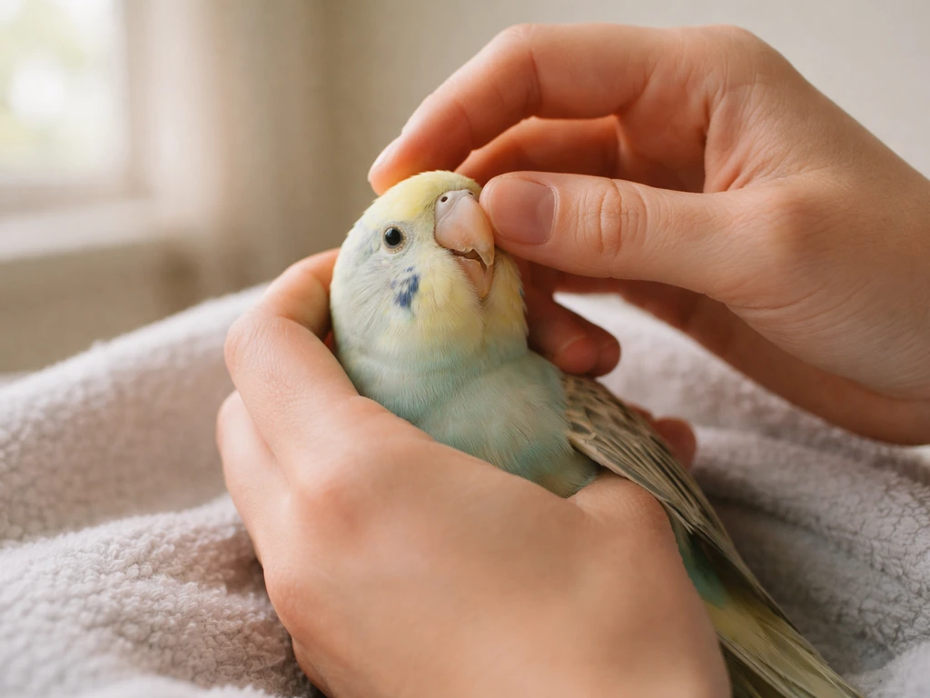 Hands gently support a small pet bird as if checking its throat during a choking emergency