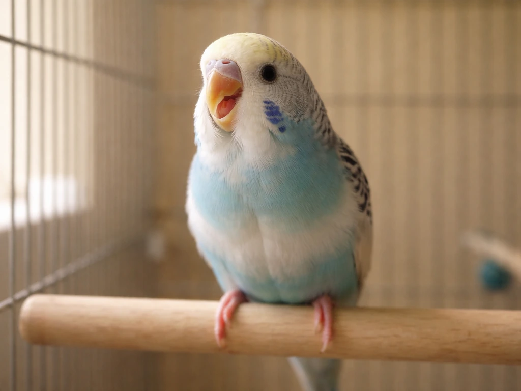 Close-up of a small pet bird perched indoors, mouth slightly open and head tilted, minimal background.