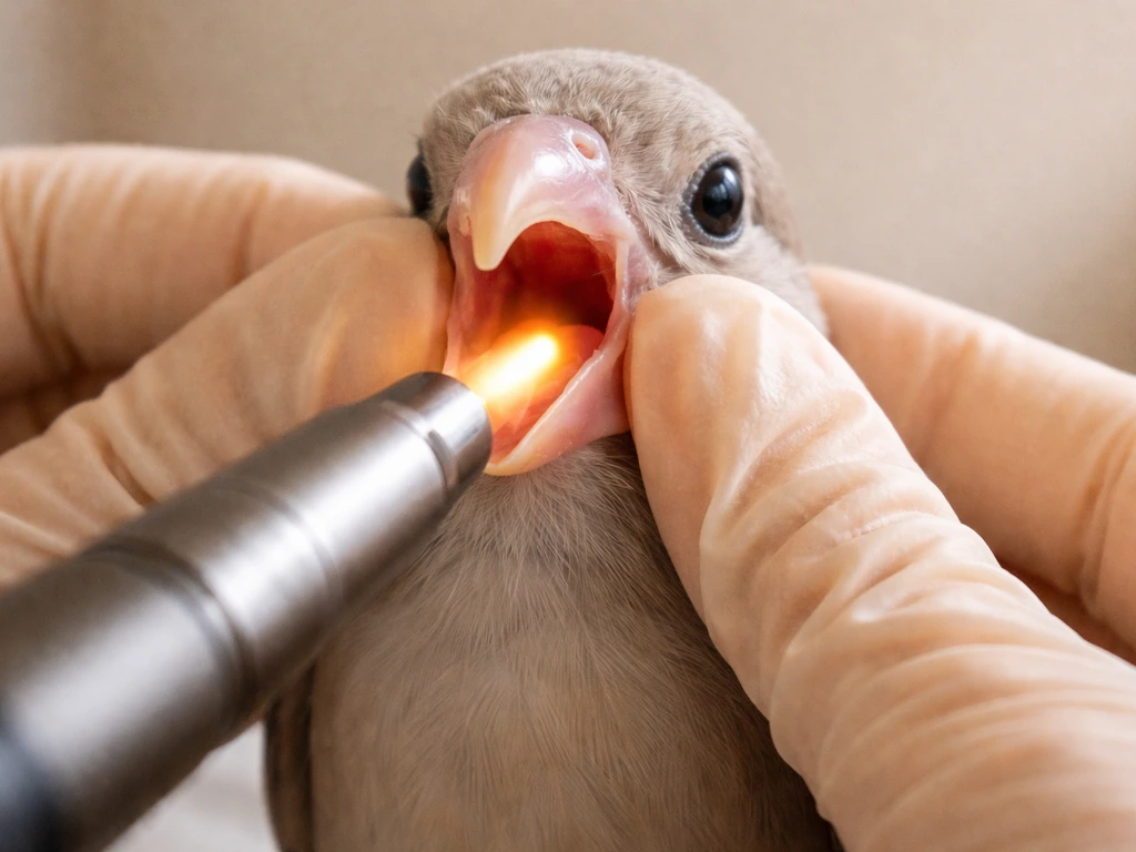 Gloved hand gently opens a small bird’s beak while a flashlight illuminates the throat area.