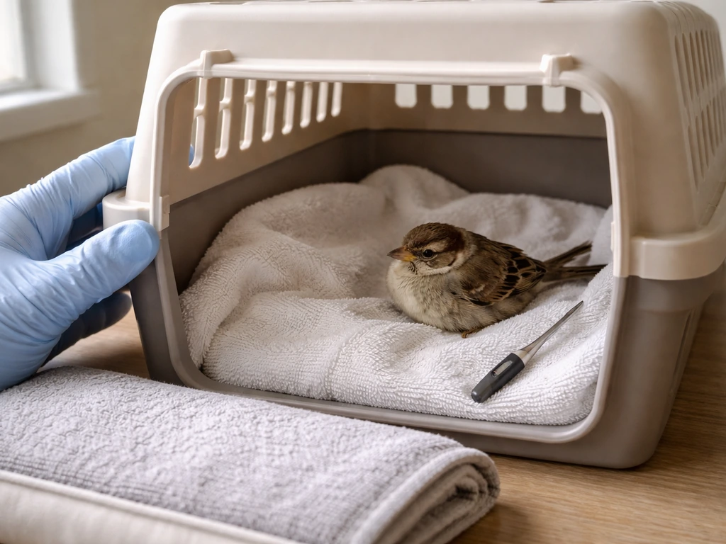 Warm, calm bird in a ventilated carrier with a heating pad nearby while awaiting avian help.