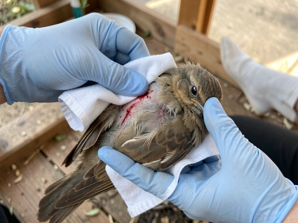 Applying gentle pressure on bleeding wing with a clean cloth