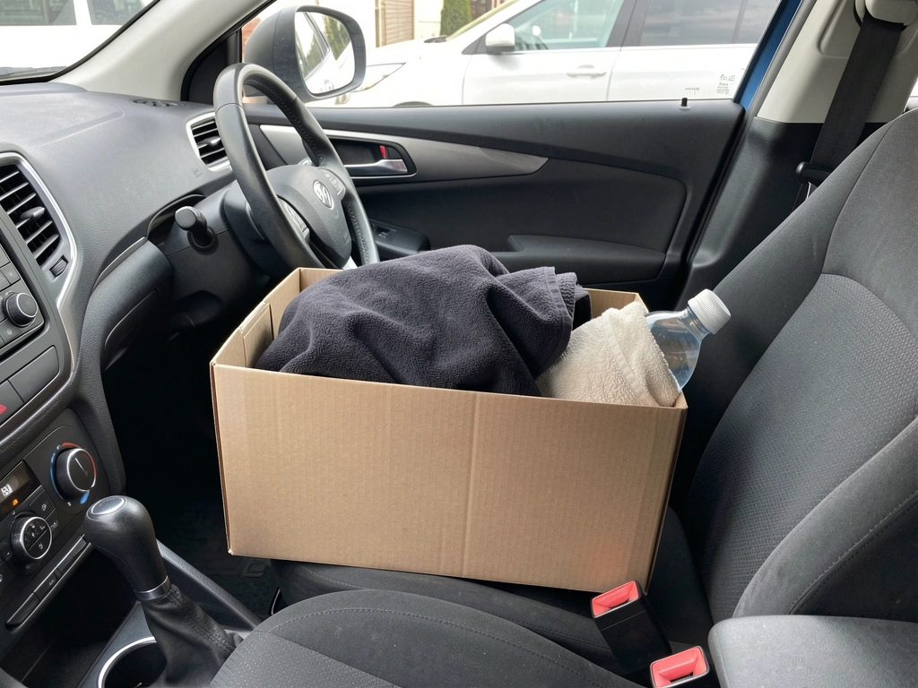 Box secured on a car seat with one end warmed for transport