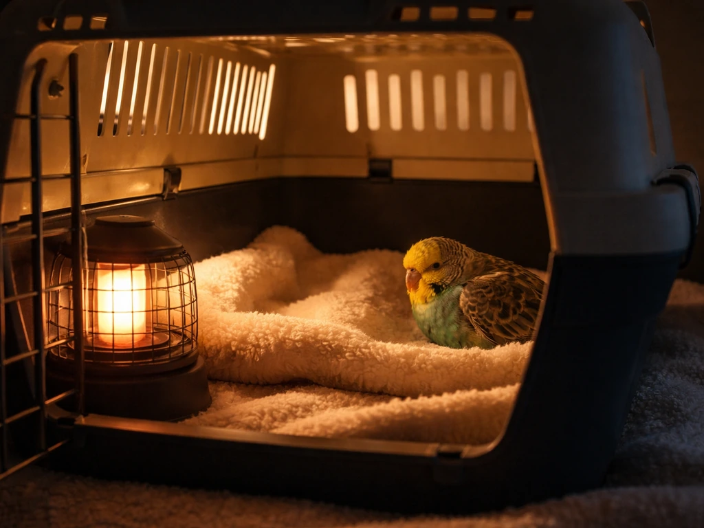 Small ventilated carrier with soft padding and a safe heat source, with a resting sick bird.