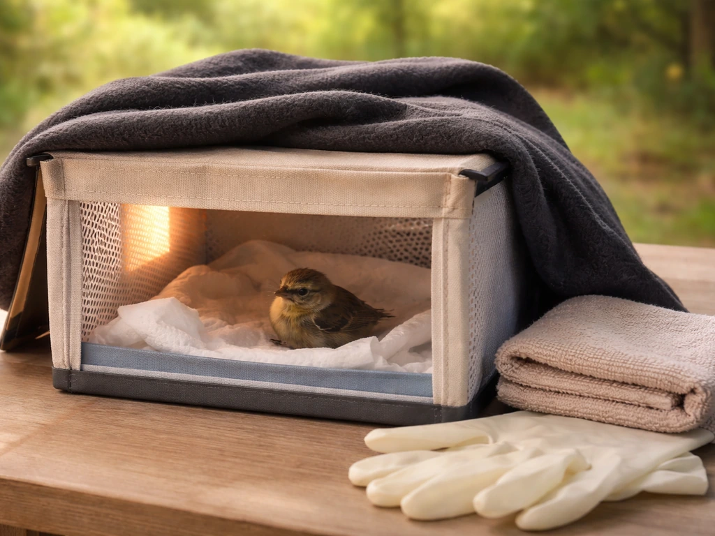 Tiny wild bird resting in a small ventilated box under a dark cloth with gloves and a towel nearby.